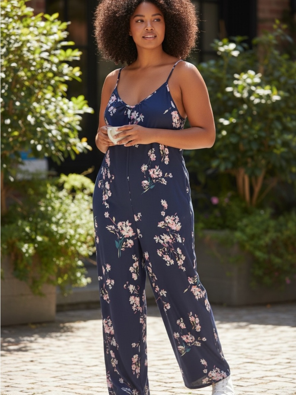 Women's Navy Floral Wide-Leg Jumpsuit